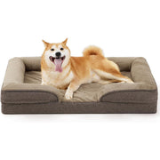 Large orthopedic dog sofa bed with washable egg crate foam mattress and waterproof liner in gray with dog resting comfortably